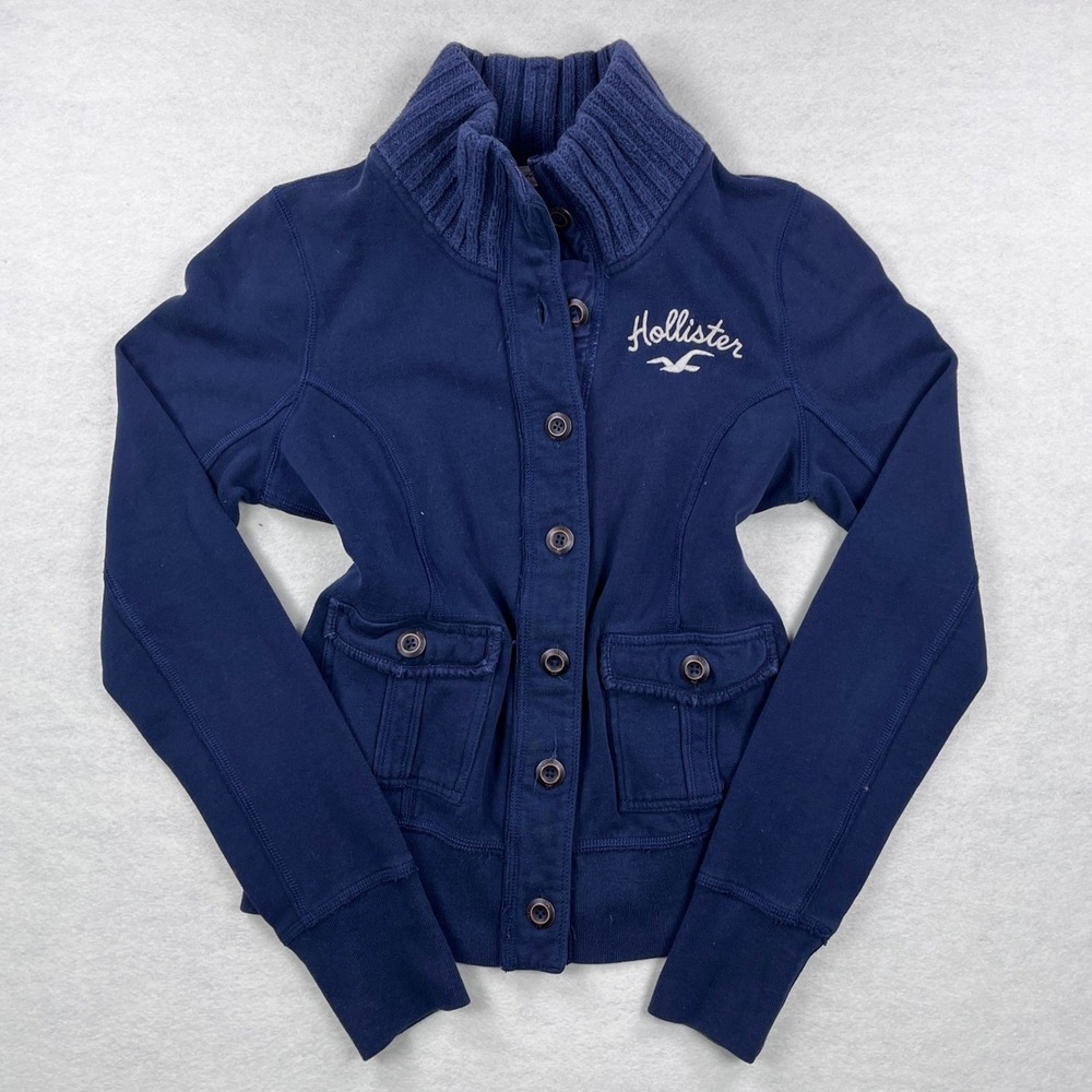 Y2K Hollister Womens Navy Blue Button Front Ribbed Mock Neck Sweatshirt Jacket L